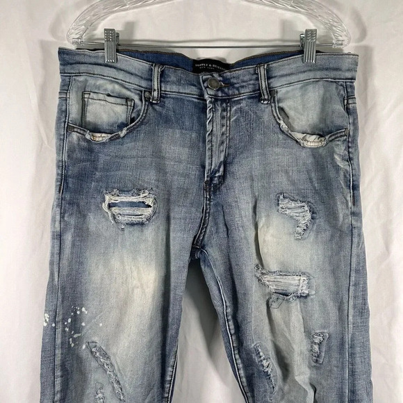 Supply & Demand Jeans Men's 36 XL Medium Wash Denim Distressed Button Zip - Picture 2 of 9